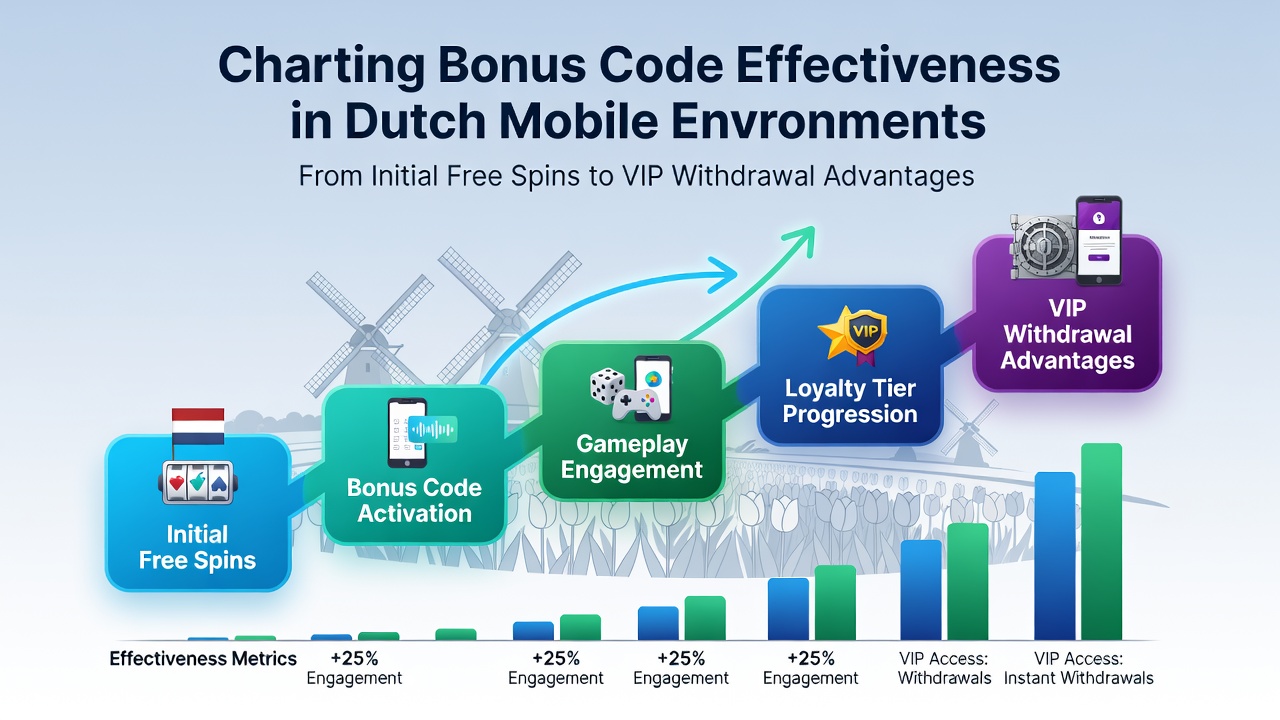 Grafiek die de effectiviteit van bonuscodes toont in Nederlandse mobiele casino-omgevingen met free spins en VIP-voordelen