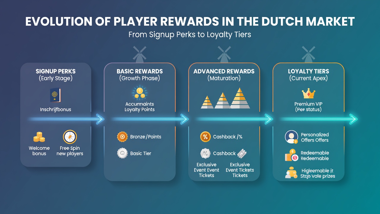 Diagram dat de evolutie van spelersbeloningen toont van eenvoudige aanmeldingsperks tot geavanceerde loyaliteitstiers in de Nederlandse markt