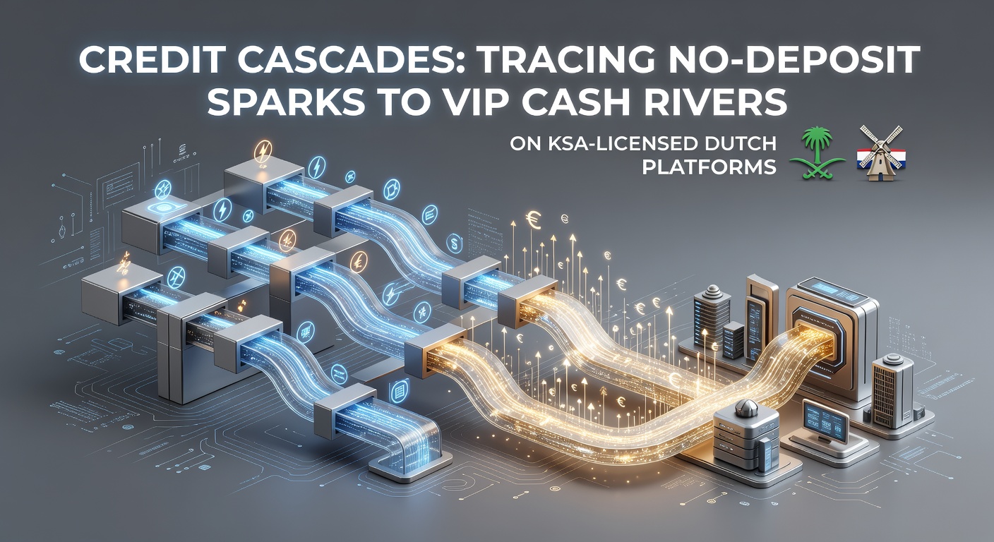 Grafische weergave van een kredietkaskade, beginnend bij een no-deposit bonus en uitmondend in VIP-uitbetalingen op een Nederlands casino-platform