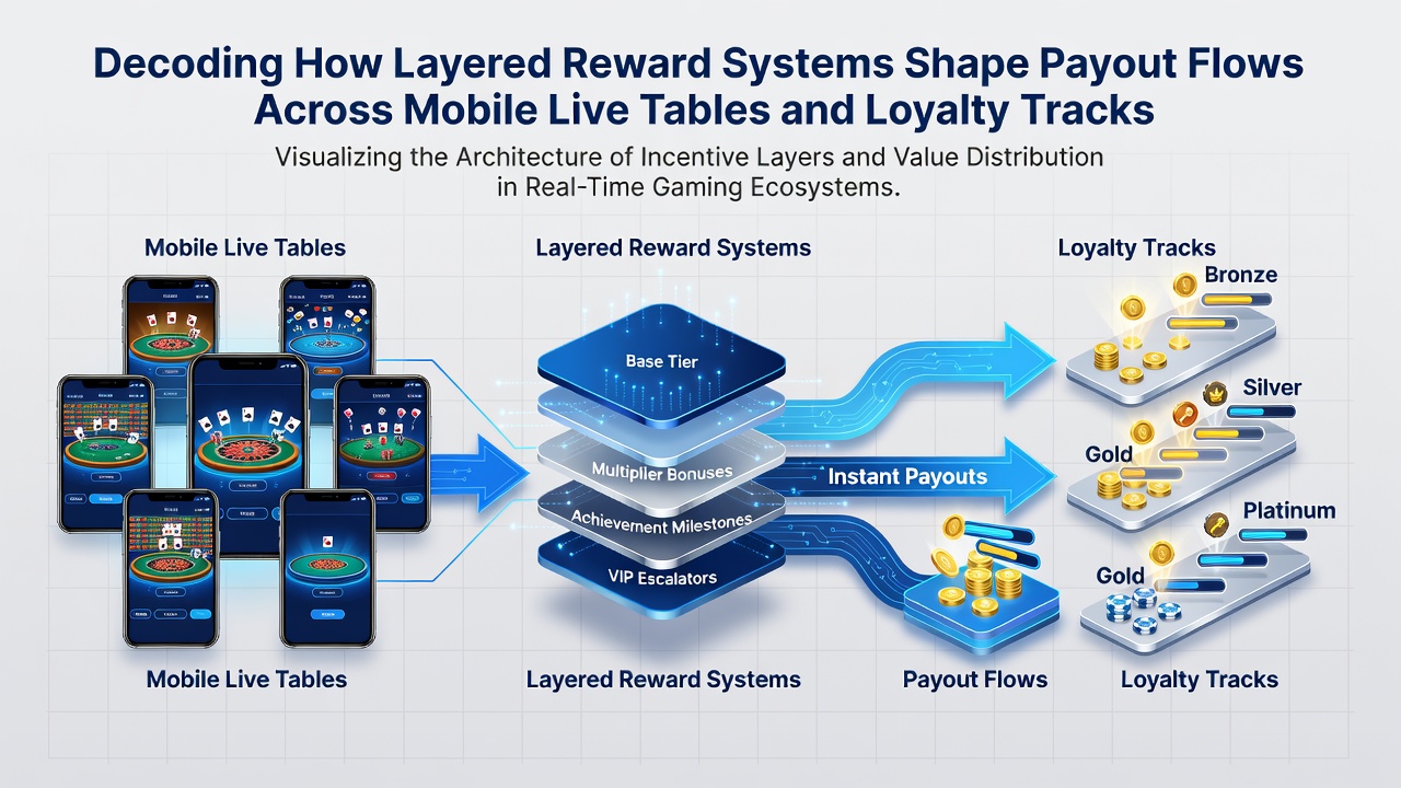 Illustratie van mobiele live tables verbonden met loyalty tracks en uitbetalingsmechanismen