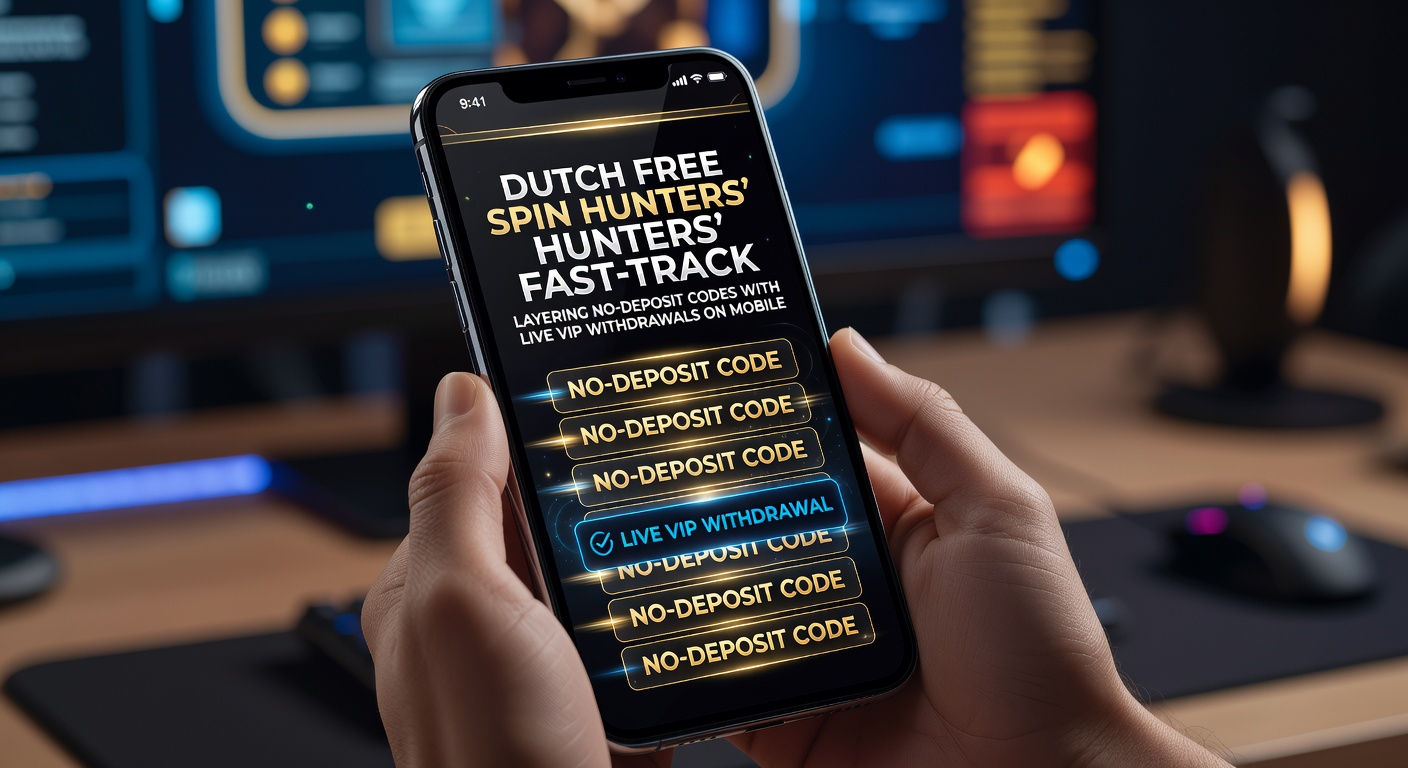 Nederlandse speler scant mobiel scherm met gestapelde free spins en VIP-uitbetalingsknop zichtbaar, terwijl codes in een lijstje oplichten