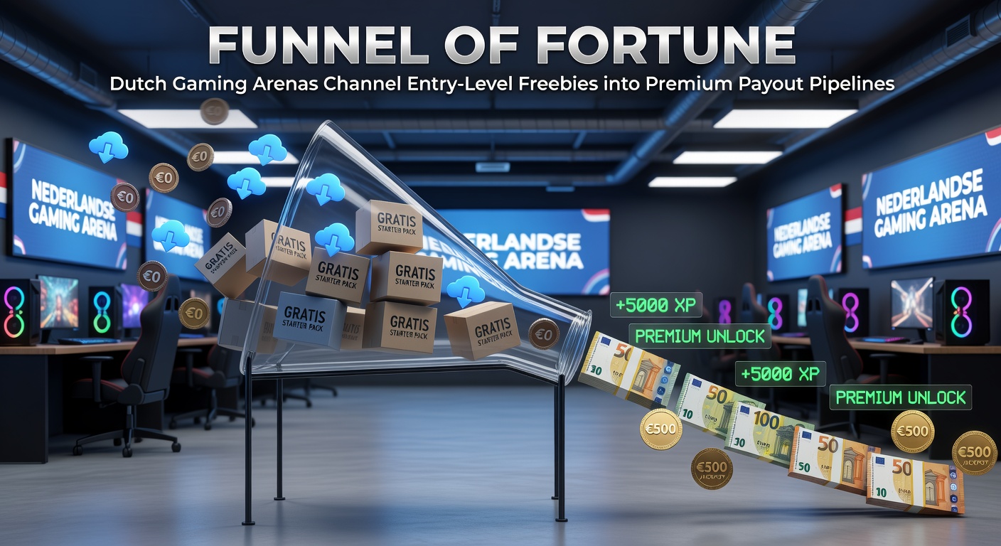 Grafische weergave van een trechter die freebies omzet in premium uitbetalingen in Nederlandse gaming arena's