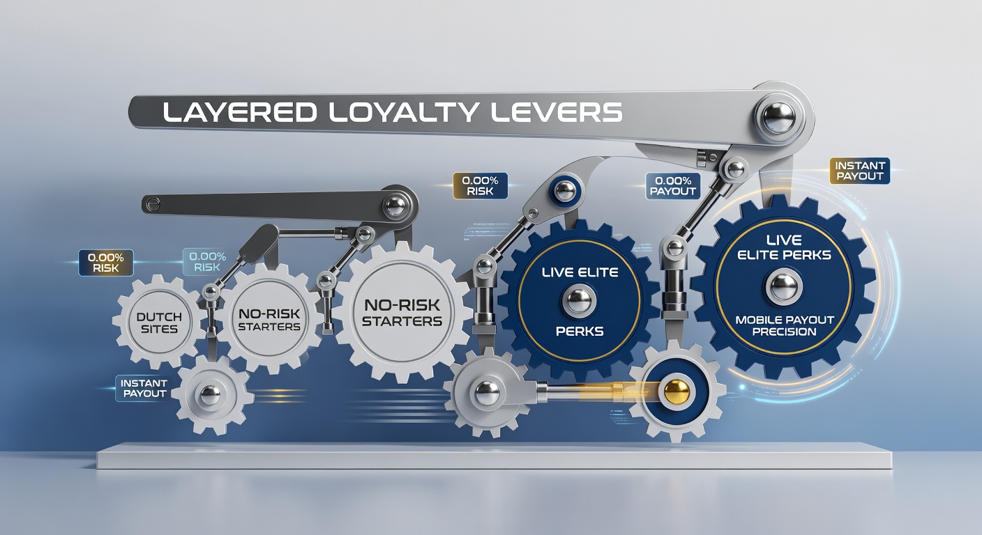 Grafiek van gelaagde loyaliteitsprogramma's op Nederlandse goksites, met pijlen die no-risk starters verbinden met VIP live perks en mobiele uitbetalingen