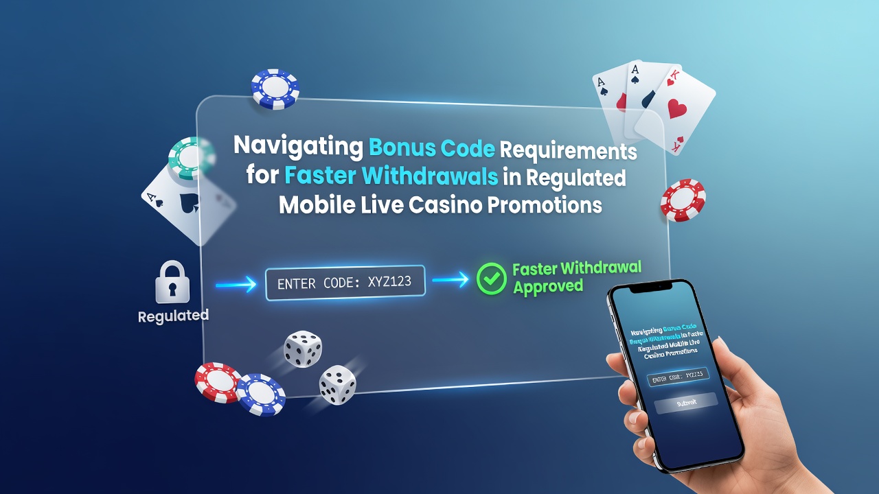 Illustratie van mobiele casino app met bonuscode invoer en uitbetalingsproces