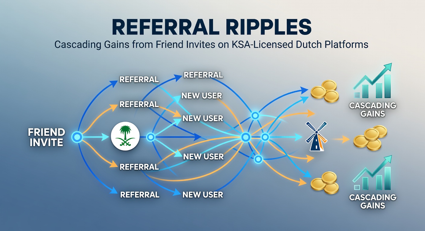 Grafiek die de groei van referral-bonnen via vriendenuitnodigingen illustreert op Nederlandse online platforms, met golvende lijnen die cascading winsten tonen