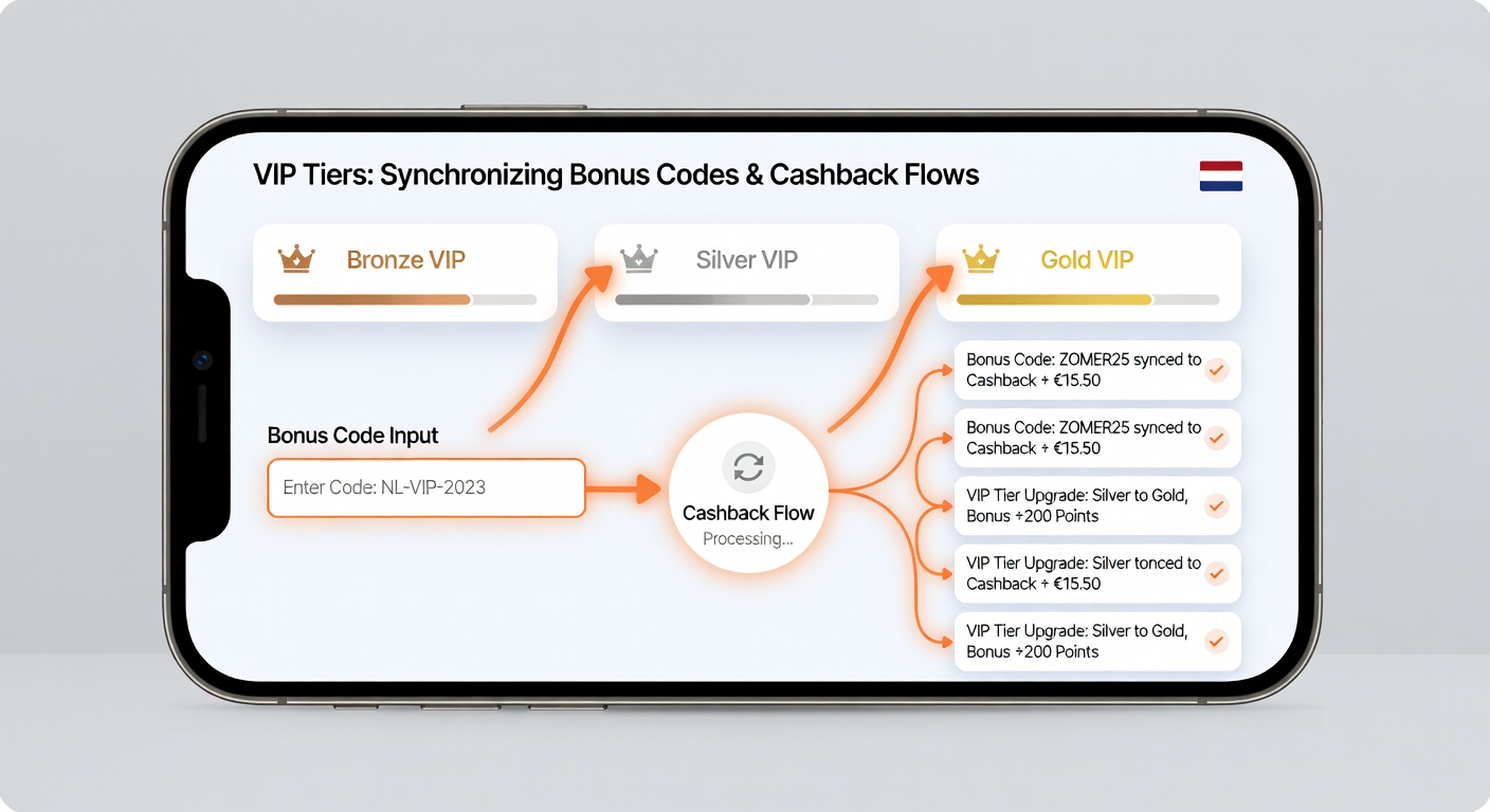Mobiele app interface met VIP tier cashback synchronisatie
