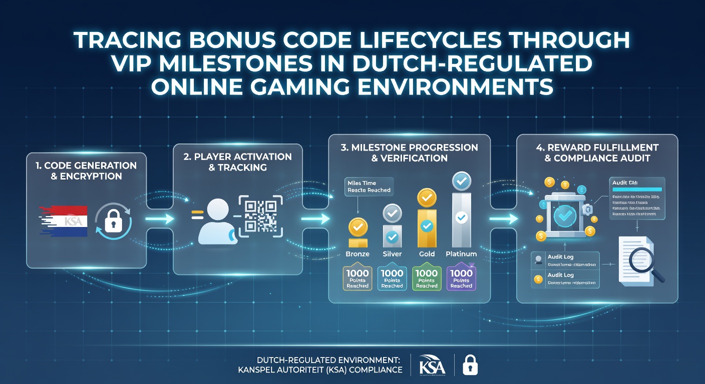 Diagram dat de levenscyclus van bonuscodes illustreert van activering tot VIP-mijlpaal in Nederlandse online casino's
